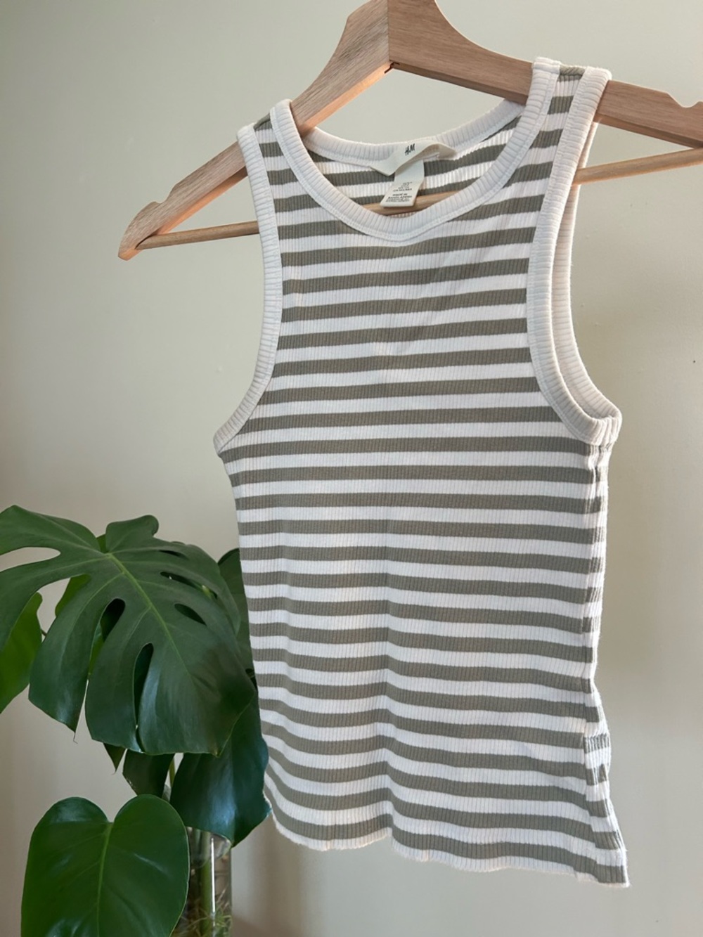 H&M Ribbed Striped Tank - White & Olive Green